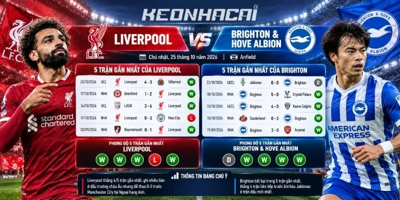 Tình hình gần đây của 2 CLB Liverpool, Brighton & Hove Albion